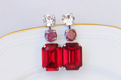 RED EARRINGS, Bridal Drop Earrings, Red Coral Crystal Earrings, Red Burgundy Earrings, Wedding Long Earrings,Stud And Drop Christmas Earring
