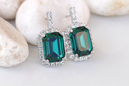 EMERALD EARRINGS, Bridal Stud Earrings, Dark Green Earrings, Bridal Shower Evening Classic Earrings, Bridesmaid Earrings,Emerald And Crystal