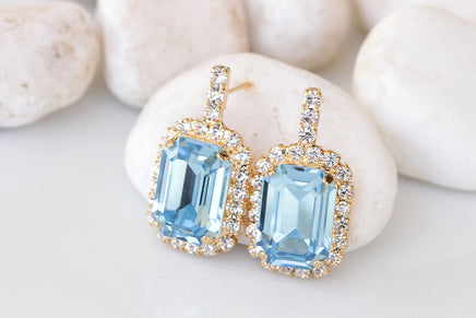 AQUAMARINE EARRINGS, Bridal Stud Earrings, Light Blue Crystals Earrings, Bridal Shower Evening Unique Earrings Gift,Bridesmaid Blue Earrings