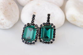 EMERALD BLACK EARRINGS, Bridal Stud Earrings, Black Green Crystals Earrings, Bridal Emerald Wedding Earrings, Bridesmaid Dark Green Earrings