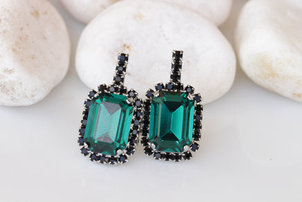 EMERALD BLACK EARRINGS, Bridal Stud Earrings, Black Green Crystals Earrings, Bridal Emerald Wedding Earrings, Bridesmaid Dark Green Earrings