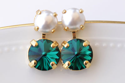 EMERALD PEARL EARRINGS ,Emerald Bridal Stud Earrings, Dark Green Minimalist Earrings,Wedding Small Earrings, Elegant Wedding Jewelry Gift