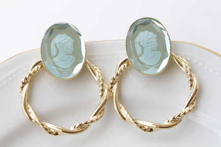 CAMEO EARRINGS, Blue Cameo Earrings,Gold Hoop Stud Earrings, Romantic Earrings, Vintage Cameo Earrings, Hoop Cameo Earrings, Gift For Her