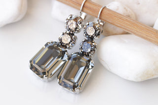GRAY EARRINGS ,Black Diamond Bridal Drop Earrings, Gray Chandelier Earrings, Wedding Gray Long Dangle Earrings, Mother of the Brides Gift