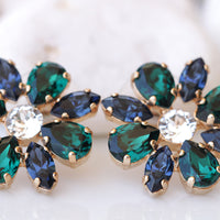 NAVY AND EMERALD Earrings, Bridal Flower Earrings, Woman Stud Earrings, Blue And Green Cluster Studs,Dainty Earrings,Bridesmaid Wedding Gift