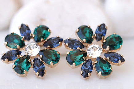 NAVY AND EMERALD Earrings, Bridal Flower Earrings, Woman Stud Earrings, Blue And Green Cluster Studs,Dainty Earrings,Bridesmaid Wedding Gift