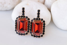 RED BLACK EARRINGS, Bridal Stud Earrings, Red Crystals Earrings, Bridal Shower Evening Unique Earrings, Mother of the Brides Dainty Earrings