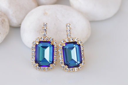 ROYAL BLUE EARRINGS, Bridal Stud Earrings, Blue Sapphire Crystals Earrings, Bridal Shower Evening Earrings Gift, Bridesmaid Blue Earrings