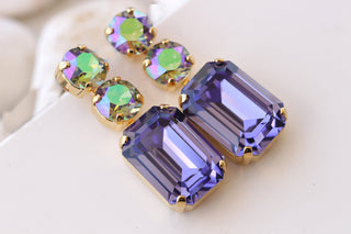 PURPLE GREEN EARRINGS, Bridal Drop Earrings, Tanzanite Crystal Earrings, Light Purple Earrings, Wedding Long Earrings, Colorful Earrings