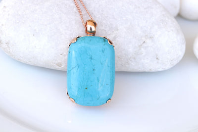 TURQUOISE NECKLACE, Turquoise Classic Pendant, Anniversary gift ,Blue Turquoise And Rose Gold Large Pendant, Simple Gemstone Necklace Gift