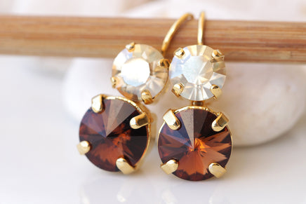 BROWN CHAMPAGNE EARRINGS ,Topaz Crystal Earrings, Chocolate Gold Earrings, Brown Drop Earrings, Smokey Topaz Bridesmaid Wedding Jewelry Gift