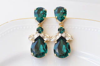 GREEN EMERALD EARRINGS, Evening Long Wedding Earrings, Emerald Crystal Earrings,Jewelry Set For Brides,Statement Dark Green Earrings Gift