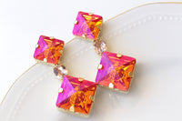 GOLDEN PINK EARRINGS, Astral Pink Earrings, Square Long Earrings, Orange Earrings, Cocktail Jewelry For Her, Hot Orange Fuchsia Earrings