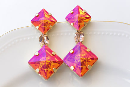 GOLDEN PINK EARRINGS, Astral Pink Earrings, Square Long Earrings, Orange Earrings, Cocktail Jewelry For Her, Hot Orange Fuchsia Earrings