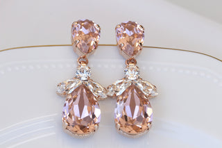BLUSH BRIDAL EARRINGS, Light Pink Wedding Earrings, Morganite Crystal Long Earrings, Rose Gold Earrings, Bridesmaid Teardrop Earring Gift
