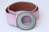 PINK LEATHER BELT, Boho Leather belt, Wide leather belt, Chunky Buckle Belt,Pink and Blue Belt, Blue Aquamarine Circle Buckle , Women's Belt