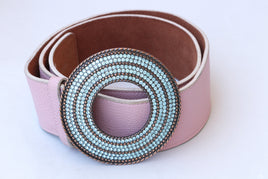 PINK LEATHER BELT, Boho Leather belt, Wide leather belt, Chunky Buckle Belt,Pink and Blue Belt, Blue Aquamarine Circle Buckle , Women's Belt