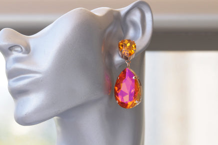 ORANGE CHANDELIER EARRINGS, Teardrop Statement Astral Pink Crystals Earrings ,Big Orange For Wedding,Large Bridal Classic Earrings