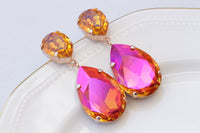 ORANGE CHANDELIER EARRINGS, Teardrop Statement Astral Pink Crystals Earrings ,Big Orange For Wedding,Large Bridal Classic Earrings