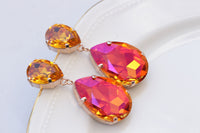 ORANGE CHANDELIER EARRINGS, Teardrop Statement Astral Pink Crystals Earrings ,Big Orange For Wedding,Large Bridal Classic Earrings