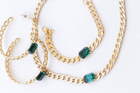 Hoop Gold Chain Earrings, Wedding Dark Green Large Hoops Earrings, Chunky Emerald Bracelet Necklace Earrings Set, Brides Emerald Jewelry Set