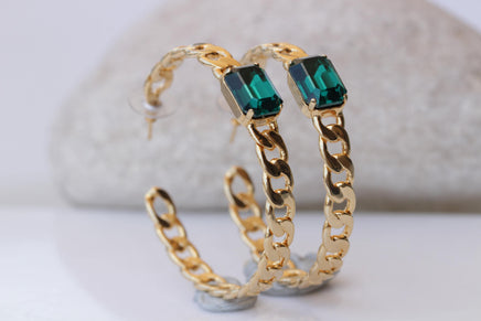 Hoop Gold Chain Earrings, Wedding Dark Green Large Hoops Earrings, Chunky Emerald Bracelet Necklace Earrings Set, Brides Emerald Jewelry Set