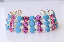 FUCHSIA TURQUOISE BRACELET, Pink And Blue Turquoise Silver Bracelet, Gift For Her, Chunky Pave Colorful Bracelet, Evening Statement Bracelet