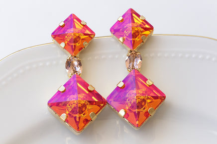 GOLDEN PINK EARRINGS, Astral Pink Earrings, Square Long Earrings, Orange Earrings, Cocktail Jewelry For Her, Hot Orange Fuchsia Earrings