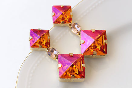 GOLDEN PINK EARRINGS, Astral Pink Earrings, Square Long Earrings, Orange Earrings, Cocktail Jewelry For Her, Hot Orange Fuchsia Earrings