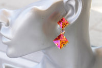 GOLDEN PINK EARRINGS, Astral Pink Earrings, Square Long Earrings, Orange Earrings, Cocktail Jewelry For Her, Hot Orange Fuchsia Earrings