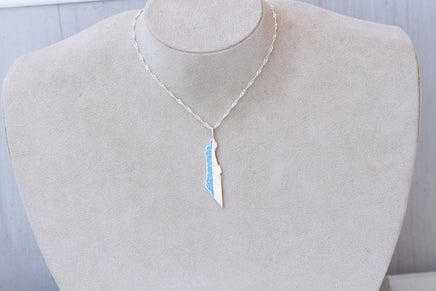 BLUE AND WHITE Opal Necklace, Turquoise Map Of Israel Necklace, Silver Sterling Necklace, Israeli Bat Mitzvah Necklace, Jewish Necklace gift