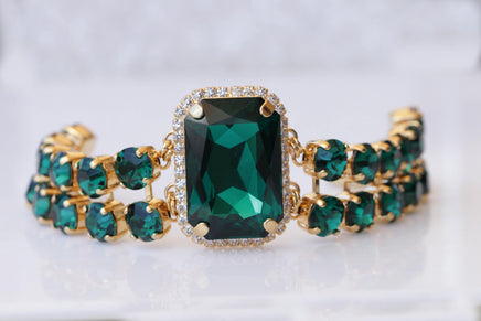 BRIDAL EMERALD BRACELET, Crystal Wedding Bracelet, Dark Green Emerald Bracelet, Chunky Statement Evening Bracelet,Brides Emerald Jewelry Set