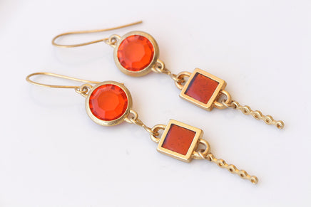 Orange earrings, Orange And Gold Earrings, Hot Orange Earrings, Orange tangerine Earrings, Enamel Dangle Earrings, Long Lightweight earrings