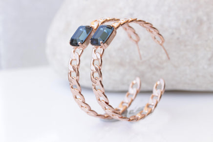 Hoop Rose Gold Chain Earrings, Wedding Dark Blue Large Hoops Earrings, Chunky Navy Blue extra Large Hoop Earrings, Brides Topaz Jewelry Gift