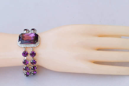 PURPLE BRACELET, Bridal Wedding Amethyst Bracelet, Formal Amethyst Crystal Chunky Bracelet, Statement Dark Purple Earrings Bracelet Set