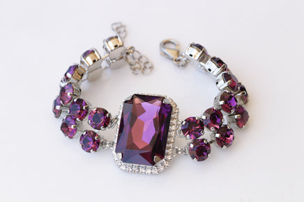 PURPLE BRACELET, Bridal Wedding Amethyst Bracelet, Formal Amethyst Crystal Chunky Bracelet, Statement Dark Purple Earrings Bracelet Set