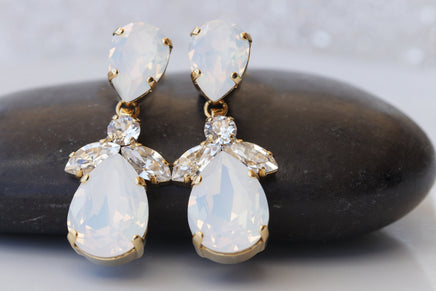 OPAL BRIDAL EARRINGS, Teardrop Long Wedding Earrings, White Opal Earrings,Jewelry Gift For Brides,Statement Opal And Crystal Formal Earrings