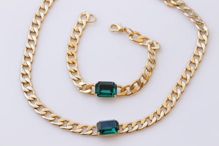 Hoop Gold Chain Earrings, Wedding Dark Green Large Hoops Earrings, Chunky Emerald Bracelet Necklace Earrings Set, Brides Emerald Jewelry Set