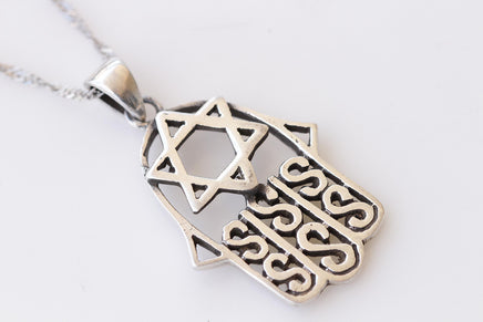 SILVER STERLING 925 Filigree Hamsa Necklace, Star Of David Necklace, Jewish Jewelry, Men Gift ,Charm Necklace, Large Hand of Fatima Pendant