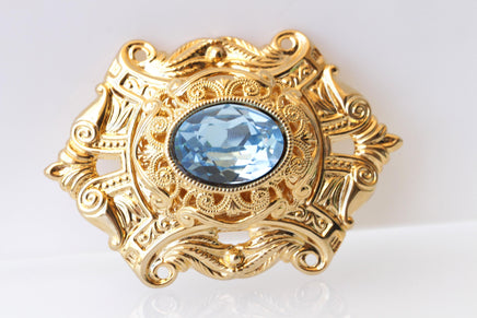 AQUAMARINE BROOCH, Filigree Dresses Brooch, Ethnic Brooch,Lace Brooch, Gold Blue Large Brooch, Antique Style Brooch,Grandmother Vintage Gift