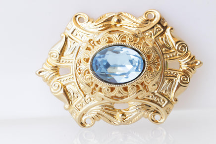 AQUAMARINE BROOCH, Filigree Dresses Brooch, Ethnic Brooch,Lace Brooch, Gold Blue Large Brooch, Antique Style Brooch,Grandmother Vintage Gift