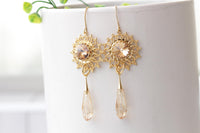 Blush and Champagne Earrings, Champagne Flower Earrings, Morganite Crystal Earrings, Gold Dangle Earrings, Long Lightweight Bridal Earrings