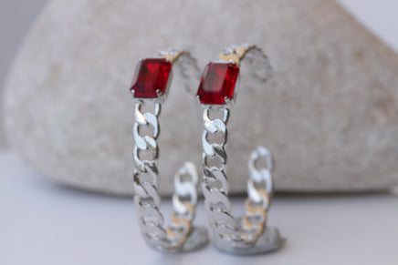 Hoop Silver Chain Earrings, Wedding Dark Red Large Hoops Silver Earrings, Chunky Red Large Earrings, Brides Red Ruby Jewelry Gift