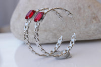 Hoop Silver Chain Earrings, Wedding Dark Red Large Hoops Silver Earrings, Chunky Red Large Earrings, Brides Red Ruby Jewelry Gift