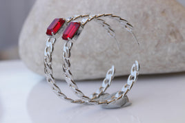 Hoop Silver Chain Earrings, Wedding Dark Red Large Hoops Silver Earrings, Chunky Red Large Earrings, Brides Red Ruby Jewelry Gift