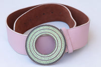 PINK LEATHER BELT, Boho Leather belt, Wide leather belt, Chunky Buckle Belt, Statement Large Belt, Green Peridot Circle Buckle, Women's Belt