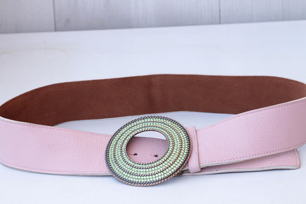 PINK LEATHER BELT, Boho Leather belt, Wide leather belt, Chunky Buckle Belt, Statement Large Belt, Green Peridot Circle Buckle, Women's Belt