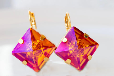 ORANGE PINK EARRINGS, Astral Pink Earrings, Square Drop Earrings, Orange Gold Earrings, Daily Jewelry For Her, Hot Orange Fuchsia Earrings