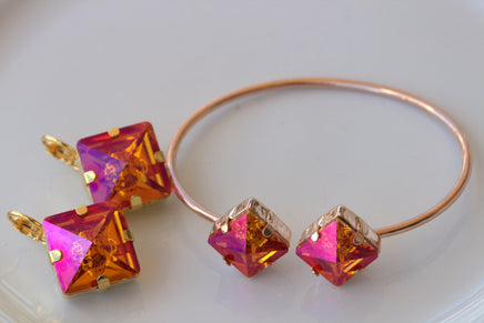 ORANGE PINK EARRINGS, Astral Pink Earrings, Square Drop Earrings, Orange Gold Earrings, Daily Jewelry For Her, Hot Orange Fuchsia Earrings