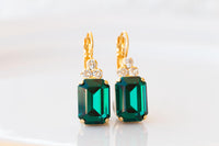 EMERALD GREEN Crystal Earrings, Dark Green Geometric Rectangle Earrings, Emerald Crystal Drop Earrings, Bridal Drop Minimalist Earrings Gift